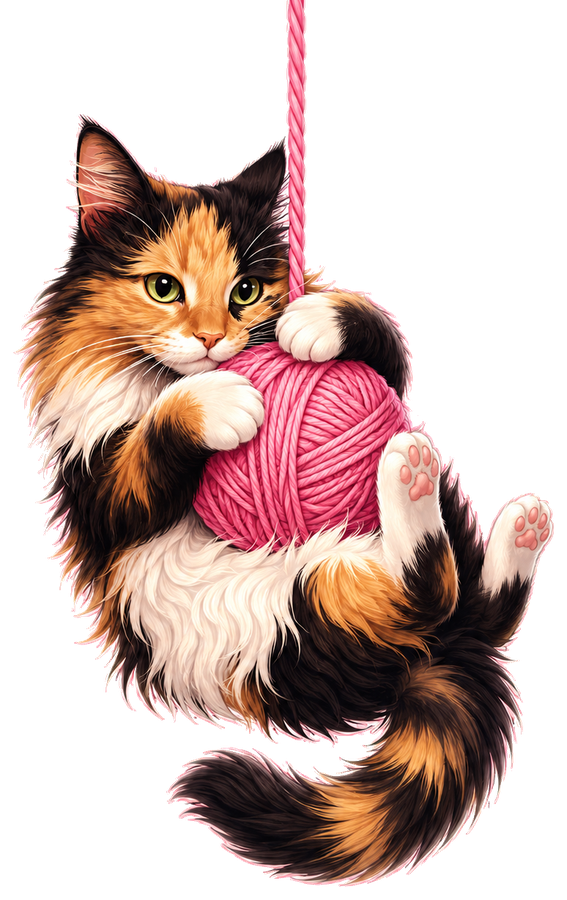 Cat holding pink yarn ball